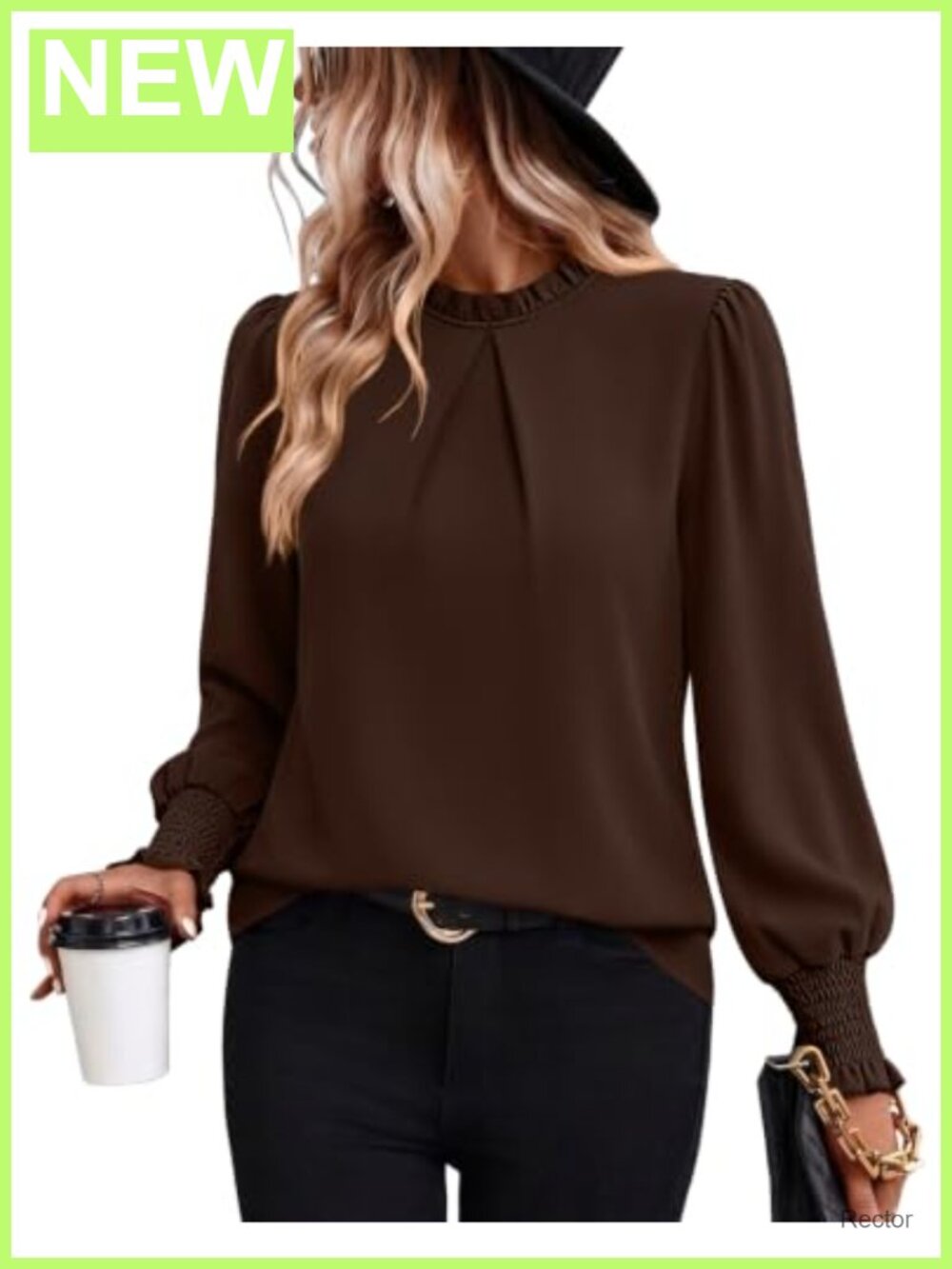 Womens Blouse Ruffled Mock Neck Long Sleeve Shirred Cuffs Tunic Top
